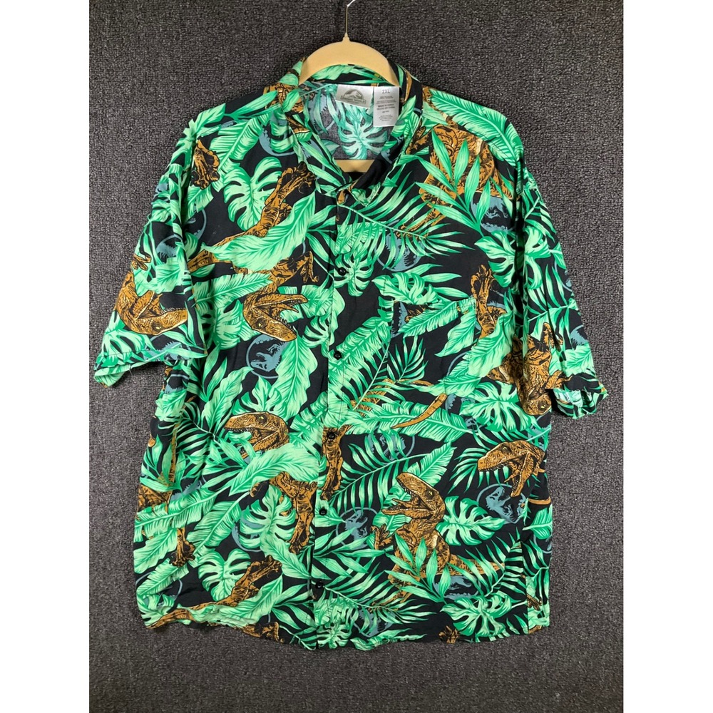 Jurassic World Mens 2XL Tropical Dinosaur Raptor Print Rayon Button Down Shirt